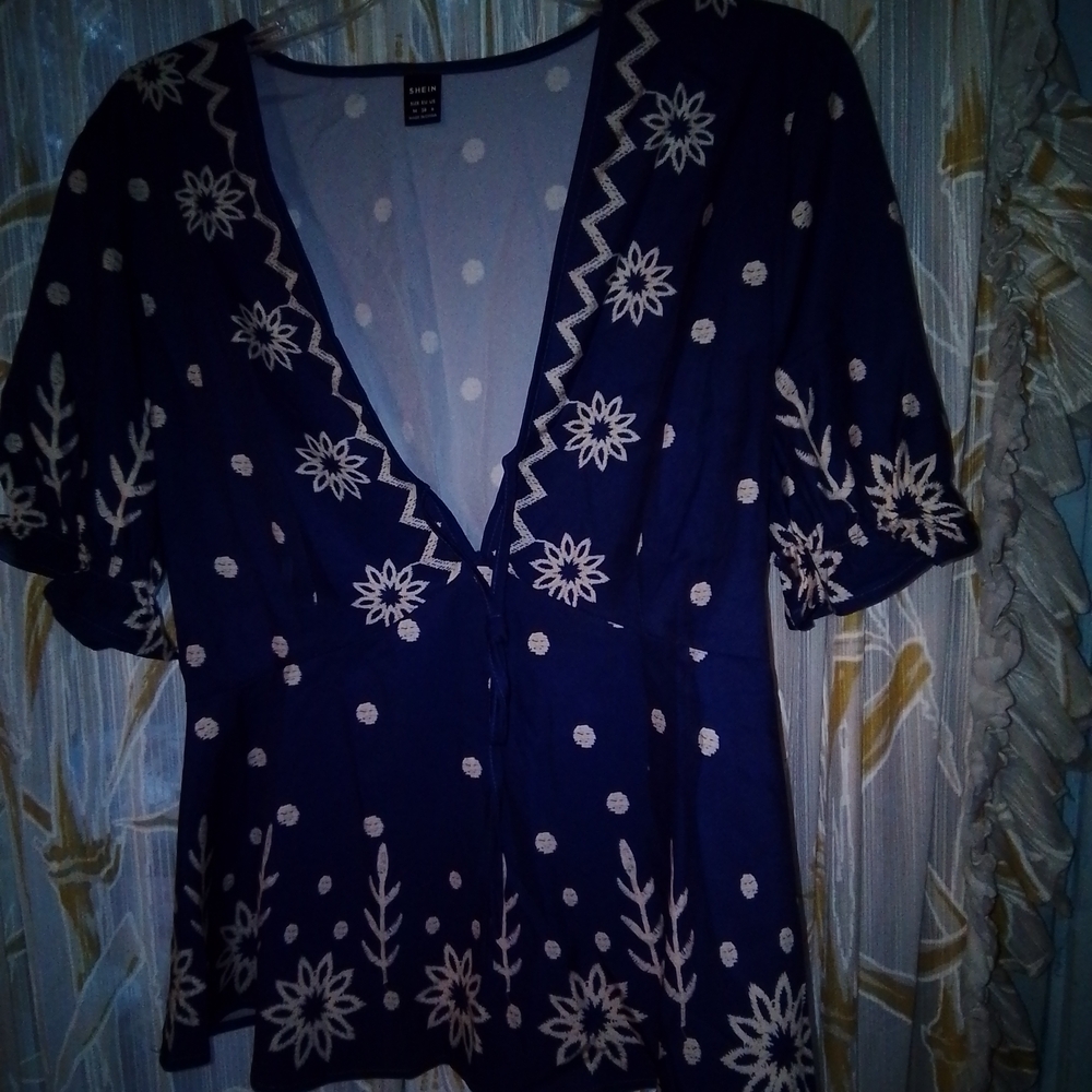 New Look Deep Blue Floral Embroidered Blouse